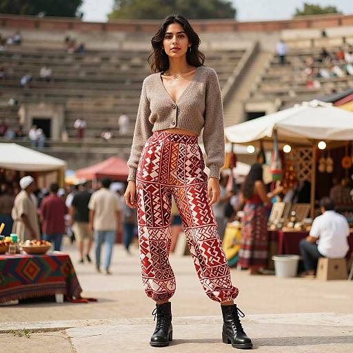 Woman in Casual Bohemian Style Wearing Cropped Taupe Cardigan and Patterned Pants