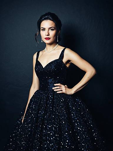 Elegant Woman in Black Sequin Party Gown Studio Portrait