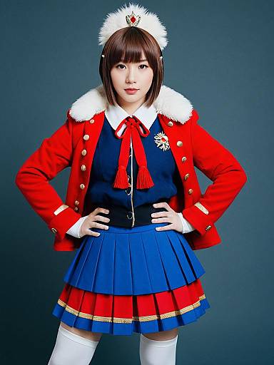 Woman in Royal-Inspired Red and Blue Costume with Crown and Medals
