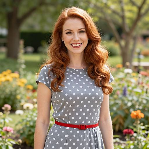 Smiling Red-Haired Woman in Polka-Dot Dress in Flower Garden