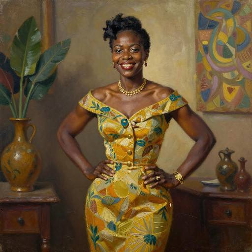 Confident Woman in Vintage Floral Yellow Dress in Classic Portrait Setting