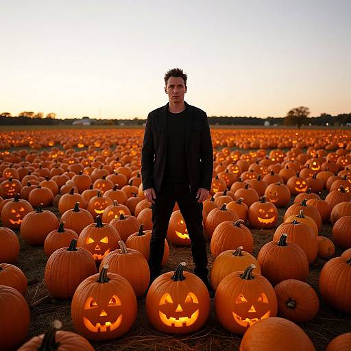 Man Standing Among Glowing Jack-o'-Lanterns in Pumpkin Patch at Dusk