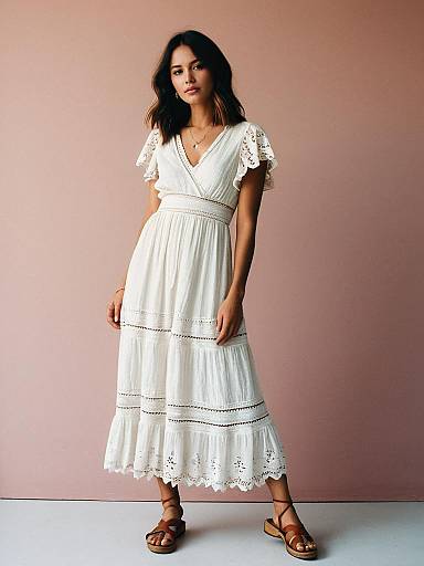 Bohemian Chic White Lace Maxi Dress with V-Neckline and Short Flutter Sleeves