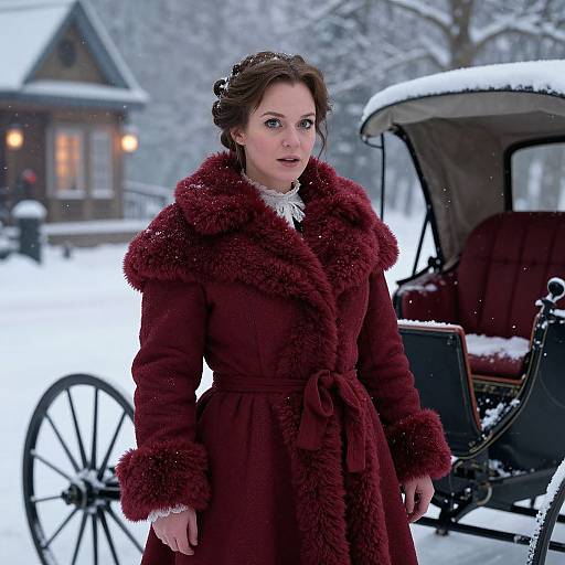 Victorian Woman in Red Fur Coat by Snowy Horse-Drawn Carriage