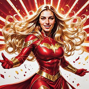Powerful Red and Gold Female Superhero Digital Art Illustration