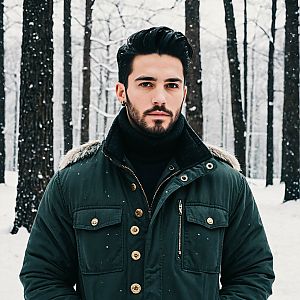 Stylish Young Man in Snowy Forest