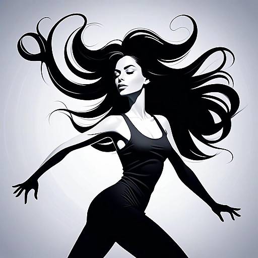 Elegant Woman with Flowing Hair in Black and White Digital Illustration
