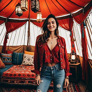 Confident Woman in Bohemian Tent