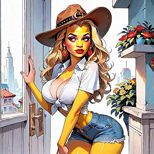 Stylish Blonde Woman in Western Hat and Denim Shorts Comic Art