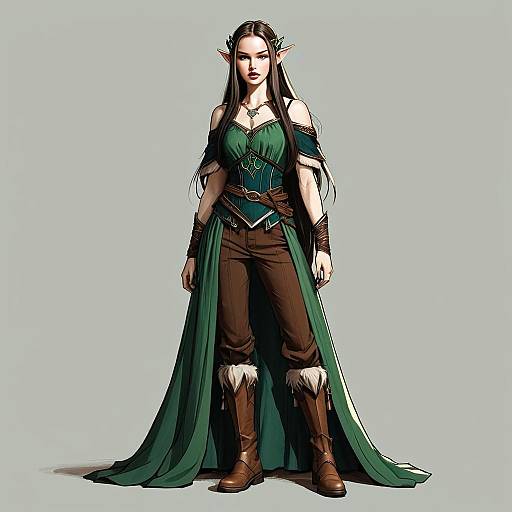 Fantasy Elf Woman in Green Cloak and Leather Boots Digital Illustration