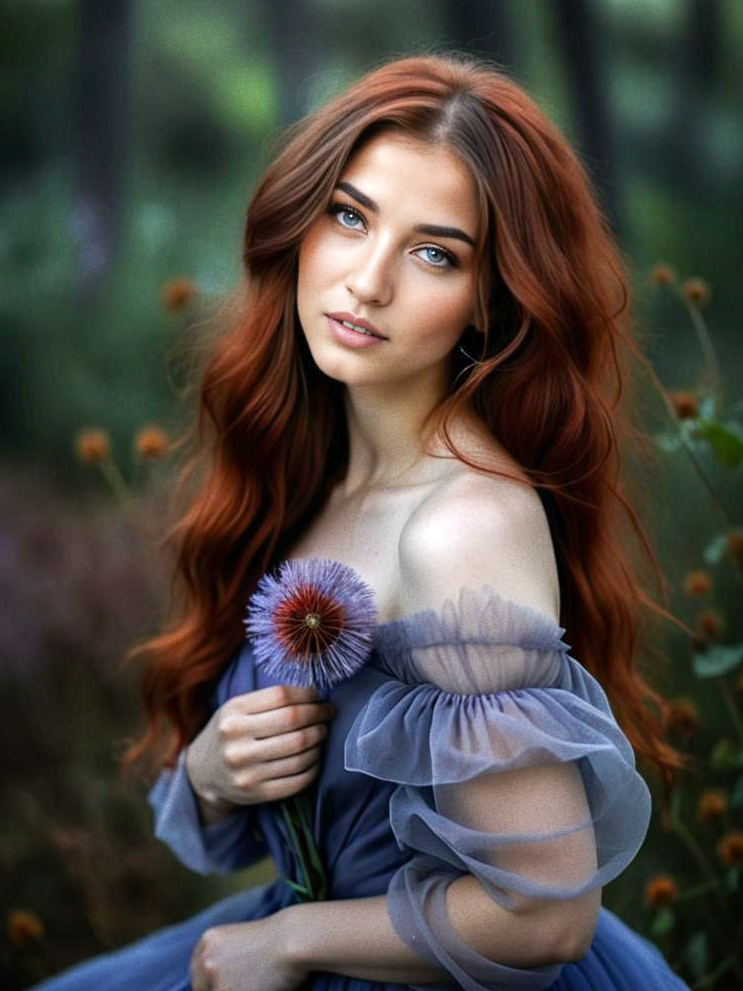 Woman with Red Hair in Blue Gown Holding Flower