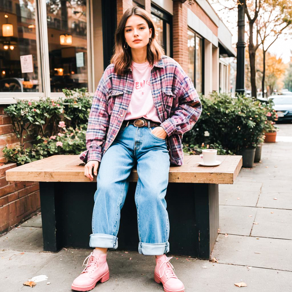 Stylish Woman in Plaid Shirt and Jeans in Urban Setting