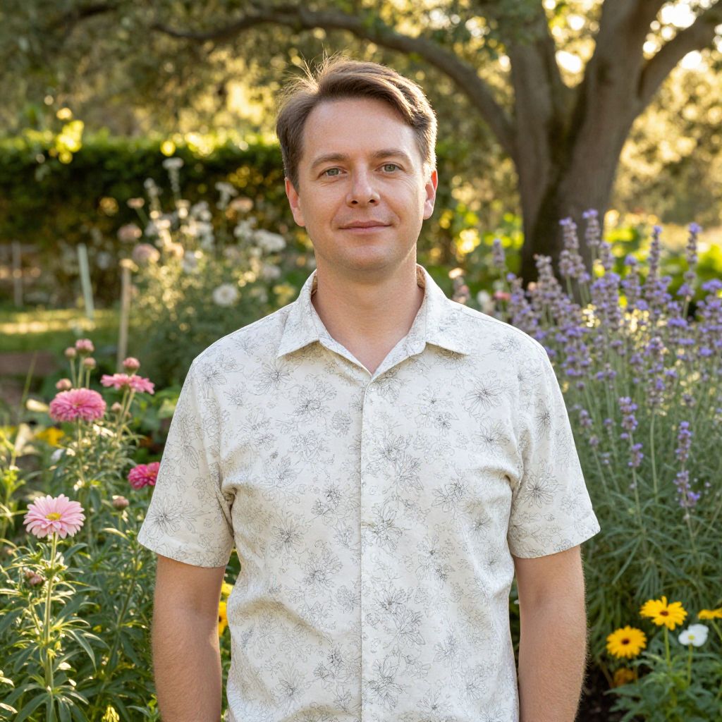 Man in Floral Shirt Standing in Vibrant Garden Outdoors