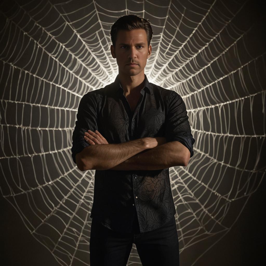 Confident Man with Spider Web Background