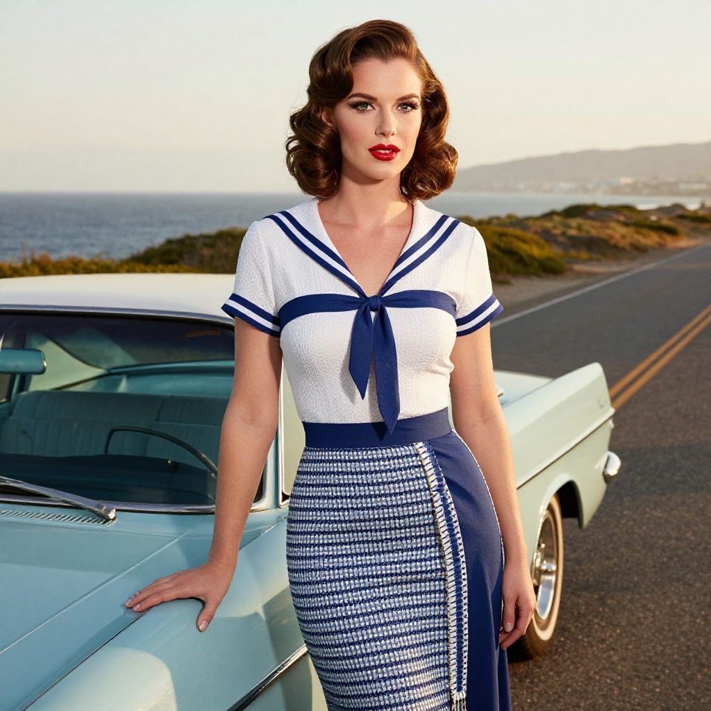 Vintage Style Woman in Nautical Outfit with Classic Car on Coastal Road