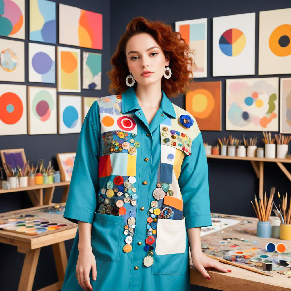 Elegant Woman in Colorful Patchwork Dress in Artistic Studio