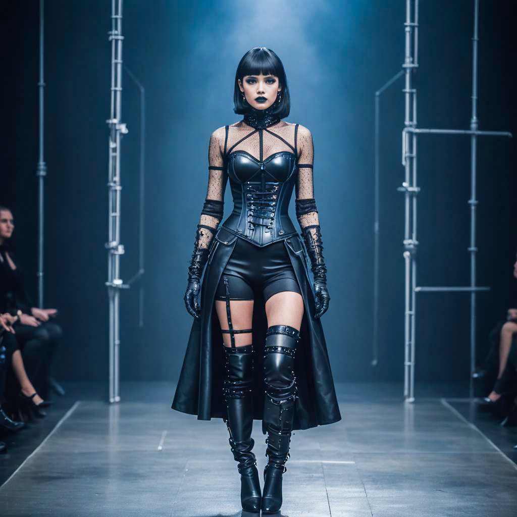 Futuristic Gothic Runway Fashion Model in Black Leather Corset