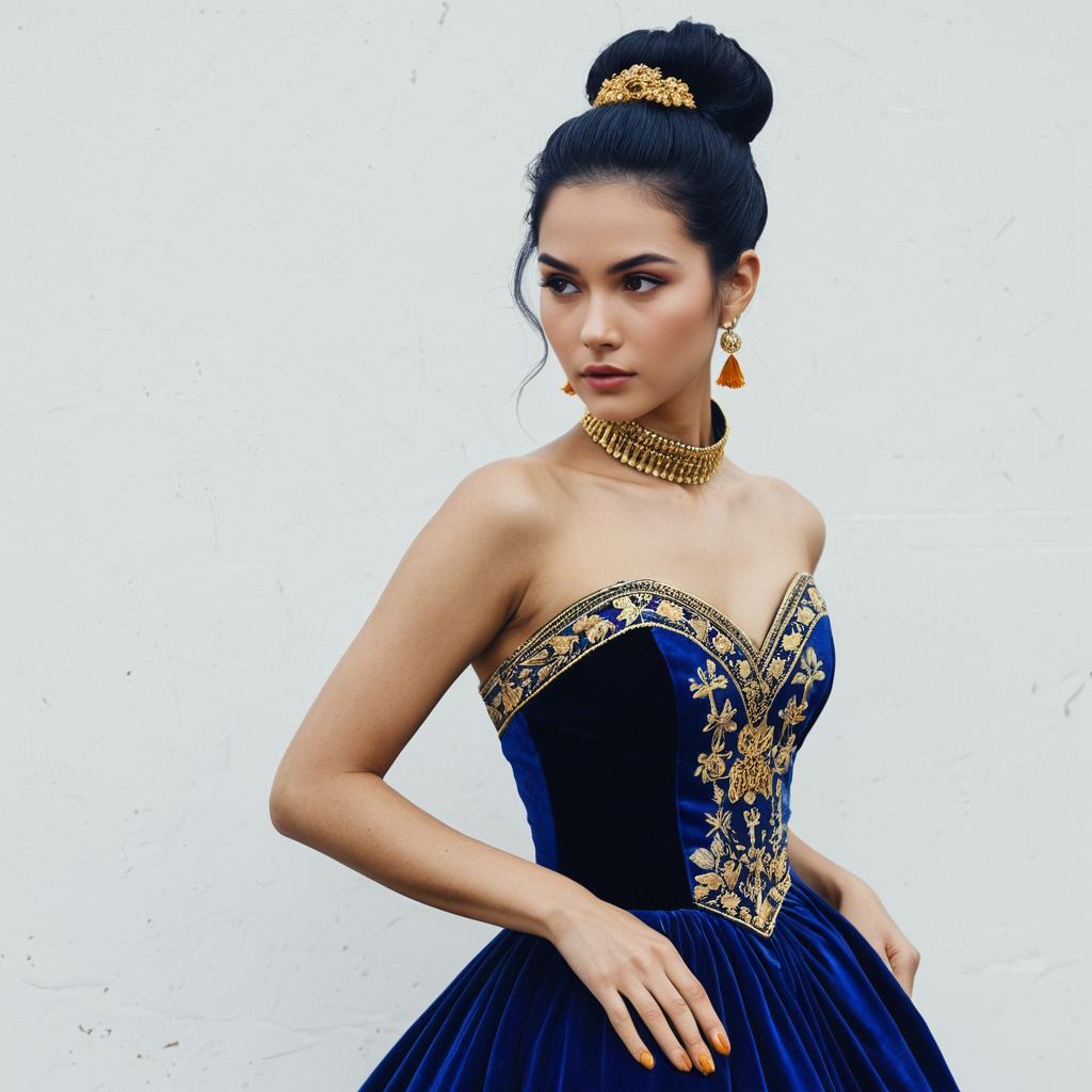 Elegant Woman in Royal Blue Velvet Gown with Gold Embroidery