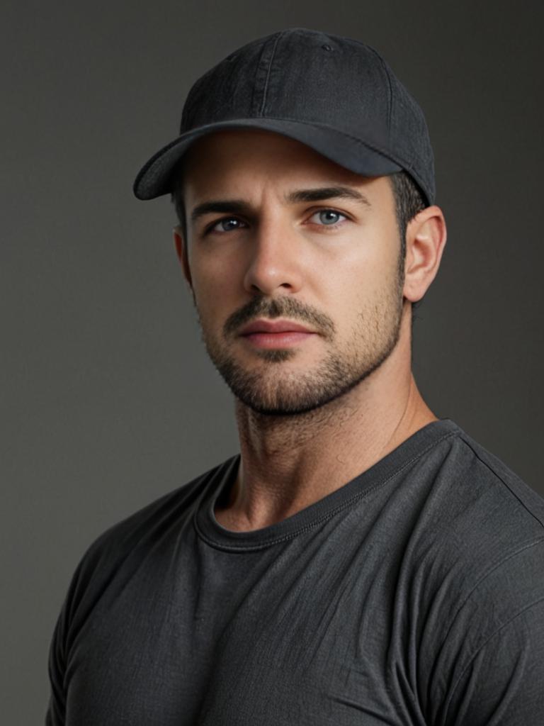 Serious man in dark t-shirt and cap