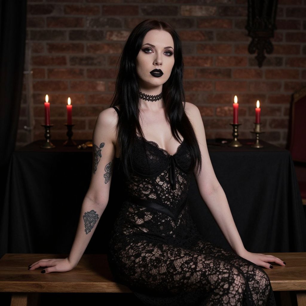 Gothic Woman in Black Lace Dress with Dark Makeup and Tattoos