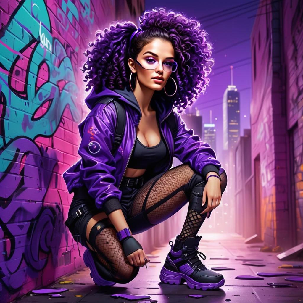 Stylish Young Woman in Purple Streetwear Urban Alley Digital Art