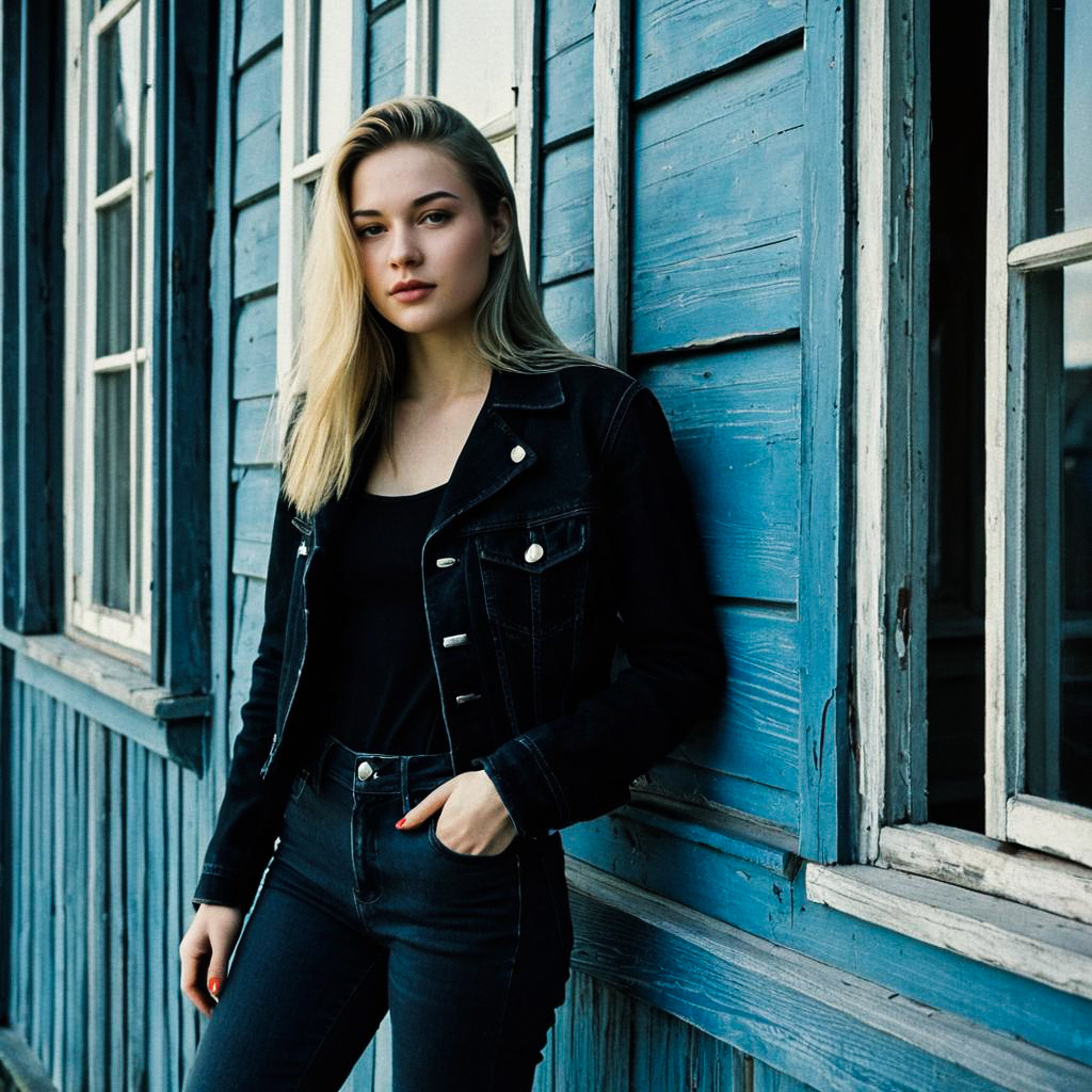 Confident Young Woman in Black Denim Jacket