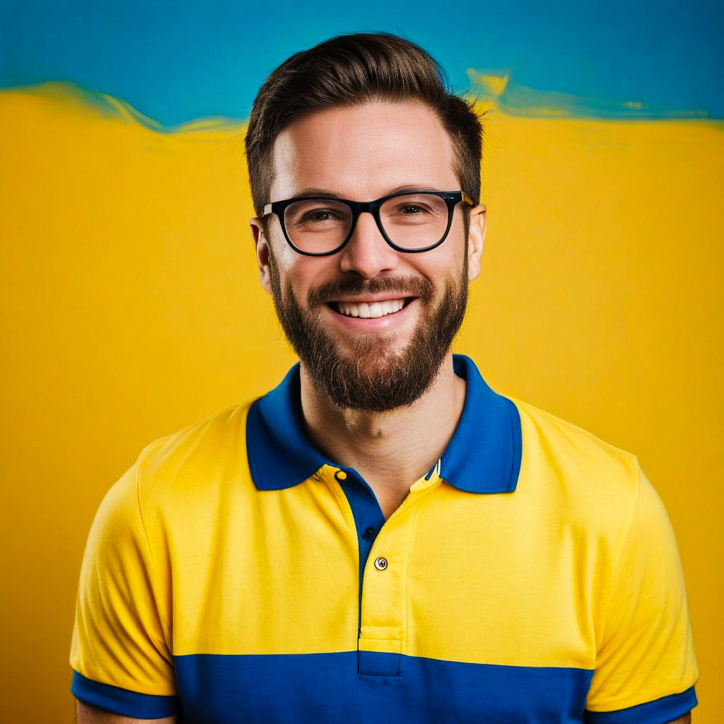 Cheerful man with beard and glasses in vibrant polo shirt