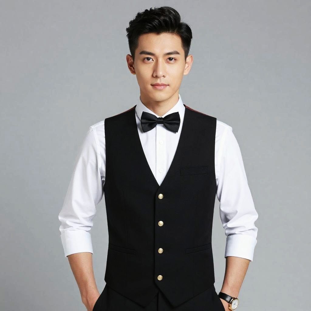 Young Man in Black Vest and Bow Tie Formal Attire
