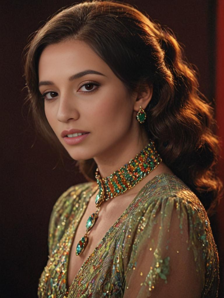 Woman in technicolor dress with jewelry