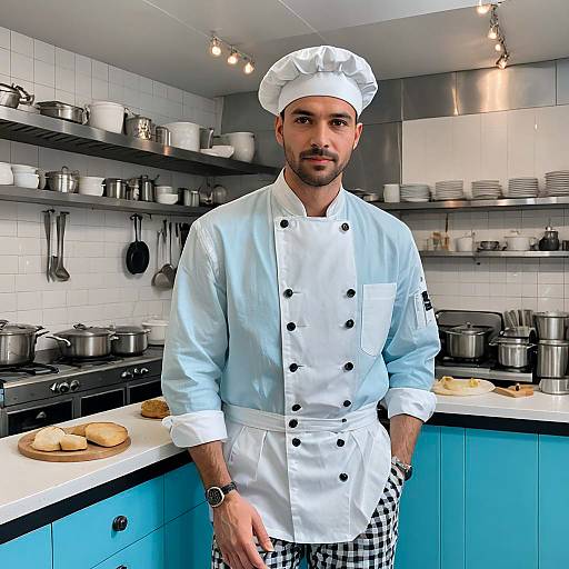 Professional Male Chef in Modern Kitchen Wearing Traditional White Uniform