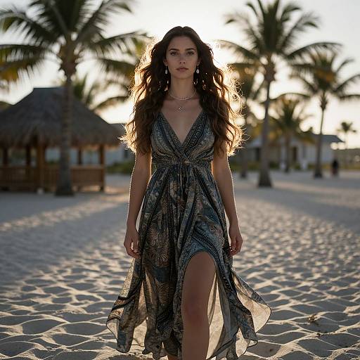 Young Woman Walking on Tropical Beach in Flowing Patterned Dress