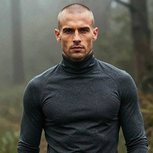 Young Man in Dark Gray Turtleneck in Misty Forest Portrait