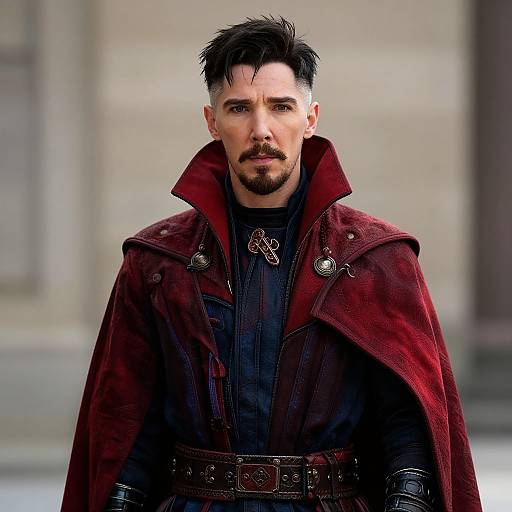 Man in Dark Red Mystical Sorcerer Costume with High Collar Cape