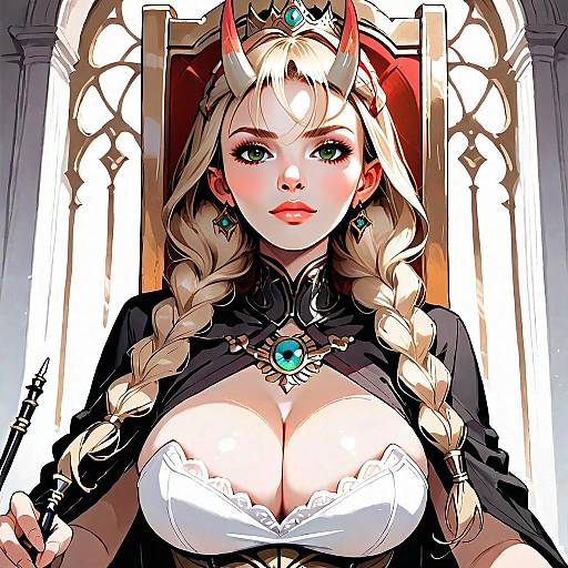 Fantasy Anime Woman with Horns on Ornate Throne Digital Illustration