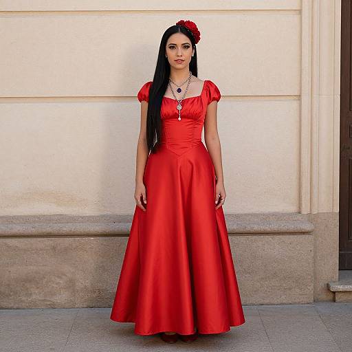Elegant Woman in Red Satin Gown with Floral Hair Accessory