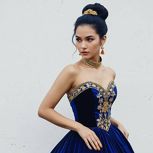 Elegant Woman in Royal Blue Velvet Gown with Gold Embroidery