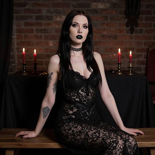 Gothic Woman in Black Lace Dress with Dark Makeup and Tattoos