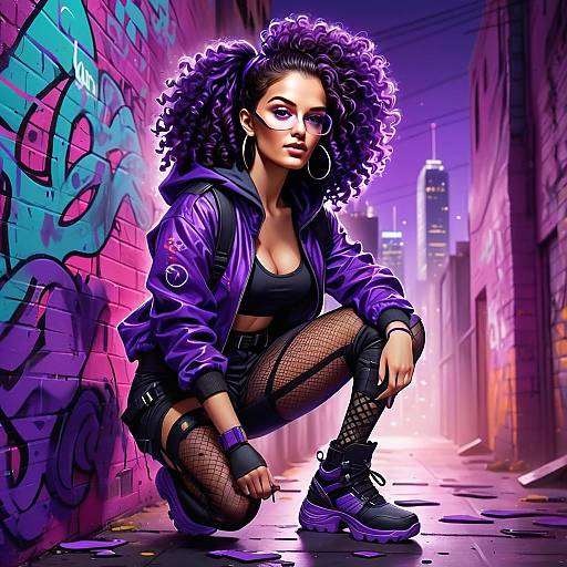 Stylish Young Woman in Purple Streetwear Urban Alley Digital Art