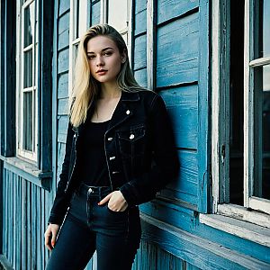 Confident Young Woman in Black Denim Jacket