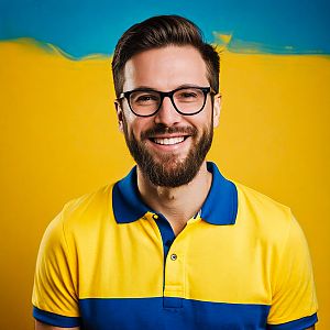 Cheerful man with beard and glasses in vibrant polo shirt