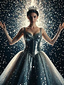 Regal Woman in Shimmering Sequined Gown with Crown and Sparkling Lights
