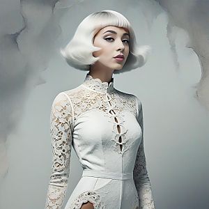Elegant Woman in White Lace Dress with Platinum Blonde Bob