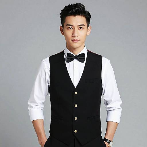 Young Man in Black Vest and Bow Tie Formal Attire