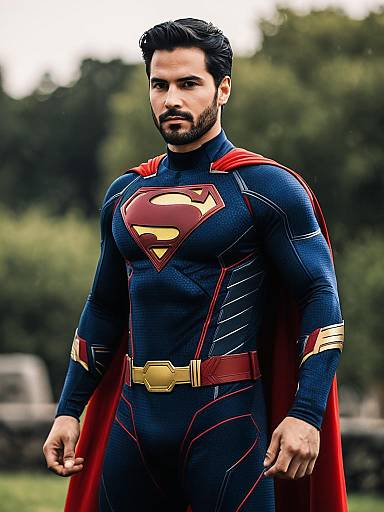 Man in Modern Superman Costume with Red Cape and Gold Accents
