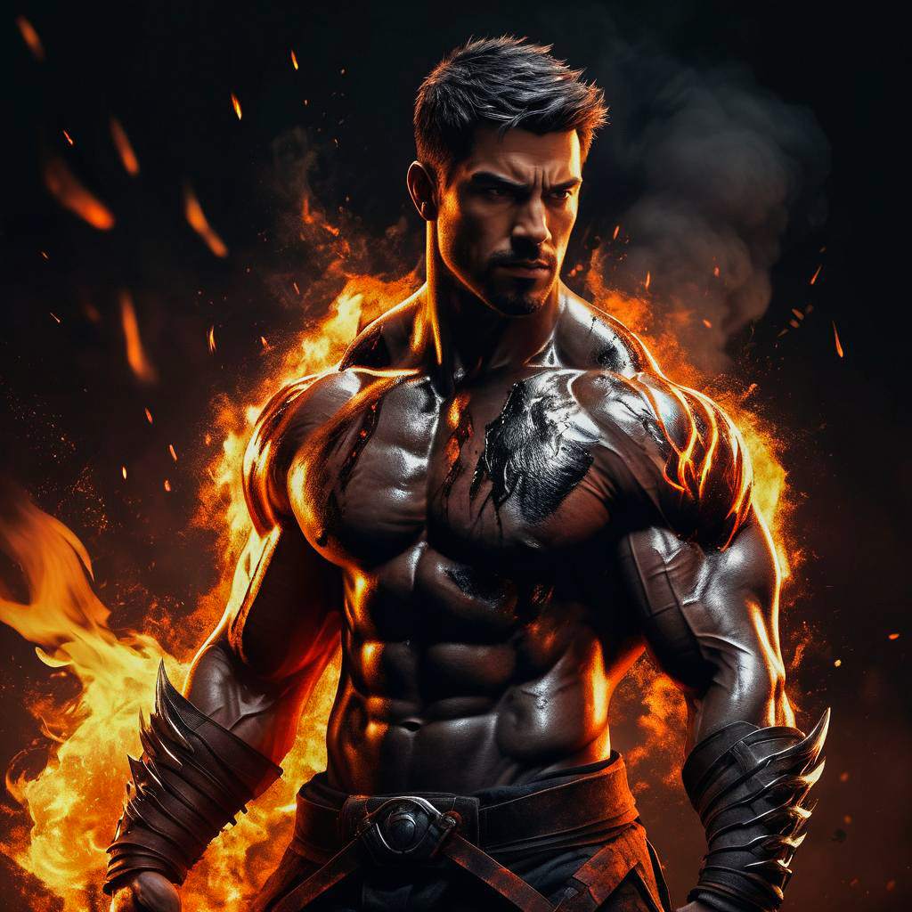 Muscular Warrior Surrounded by Flames Muscular Warrior Surrounded by Flames