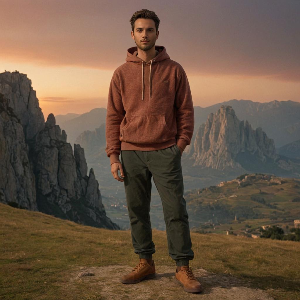 Young Man at Cinque Torri Mountains at Sunset