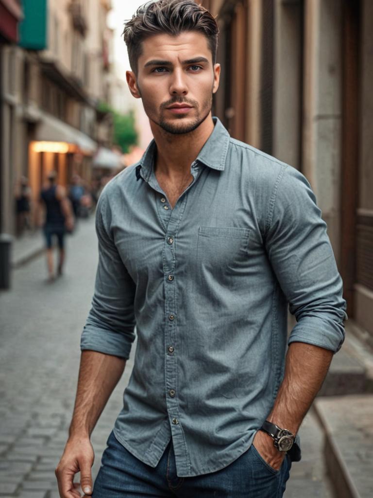 Stylish young man in gray shirt walking confidently