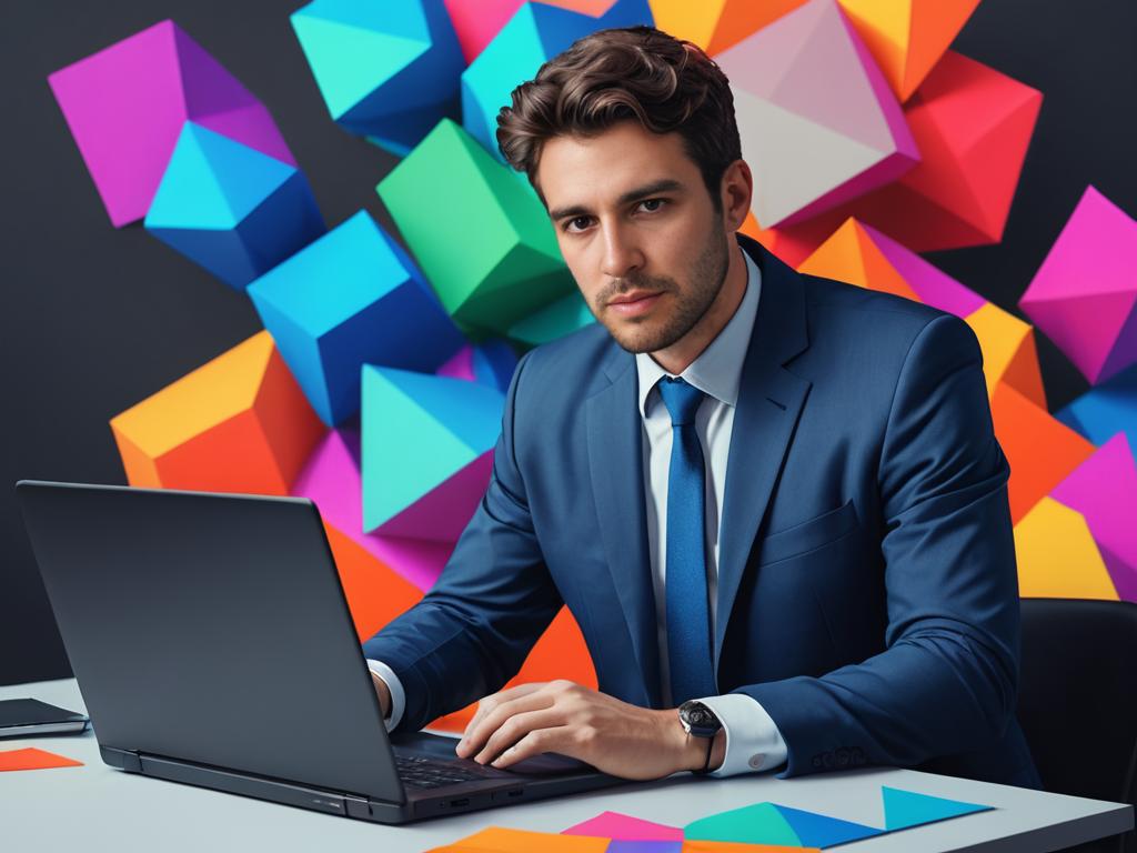 Confident man in blue suit with laptop