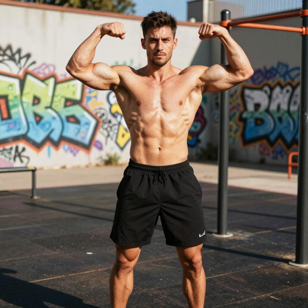 Fit Muscular Man Flexing Biceps at Urban Outdoor Gym with Graffiti