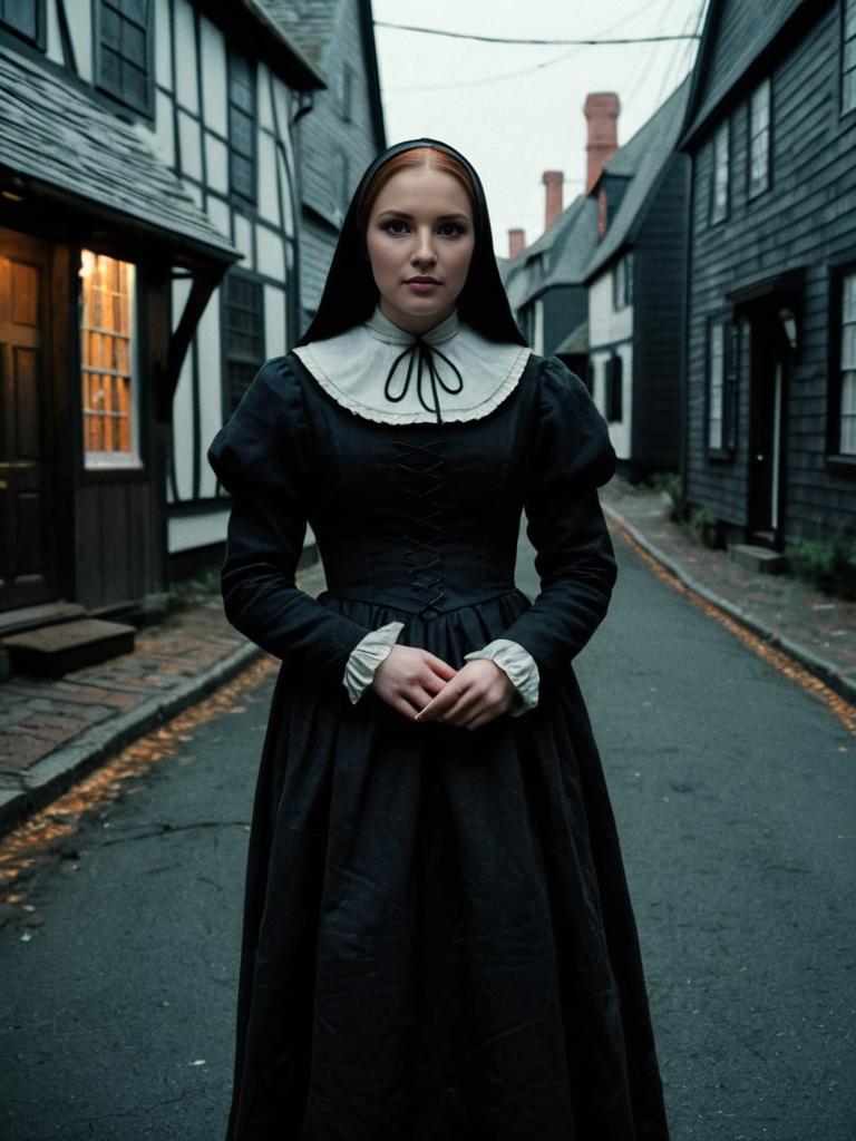 Young Woman in Colonial Dress on Historic Street